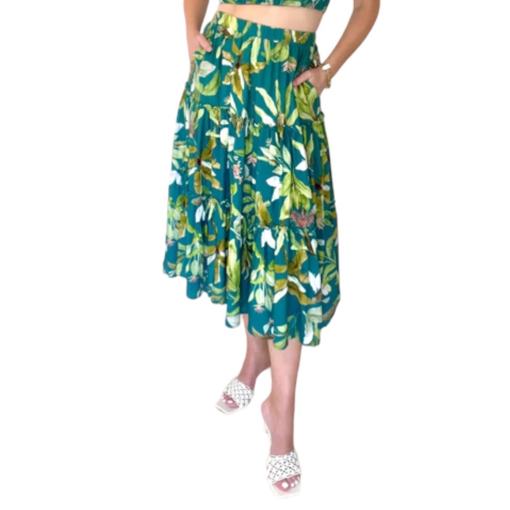 o.p.t. Tropical Tiki Oasis Jungle Floral Linen Blend Tiered Ruffled Skirt NWT